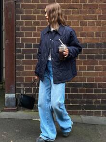 DAZY 女士纯色宽松长袖口袋翻领绗缝休闲加厚秋冬棉服外套 - 藍色 - 查看 3