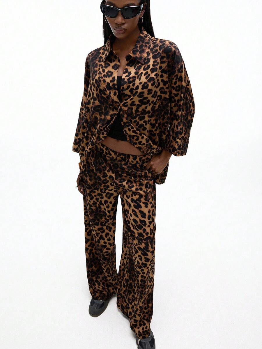 Aveloria GENKIRA 2pcs Set: Random Print Leopard Pattern 3/4 Sleeve Shirt Collar & Wide Leg Loose Pants Fall Cloth For Women - Multicolor - View 1