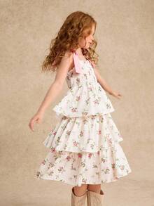 Vestido con estampado floral para niña preadolescente con tirantes de lazo desmontables, elegante para primavera/verano - Beis - Ver 3