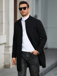 Manfinity CasualCool Áo khoác nam dài tay màu trơn có túi và nút phía trước, áo khoác nam dài sang trọng màu đen, thu đông - màu đen - Xem 4