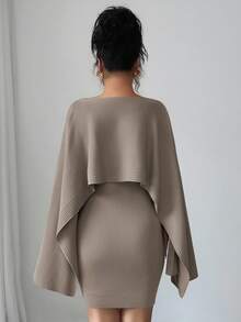 Elenzga 2 Pieces Vintage Asymmetrical Knit Poncho Cape Slip Dress Women's Suit, High-End Atmosphere Sweater Set, Autumn/Winter 2025 New Arrival Fall Cloth For Women - Multicolor - View 2