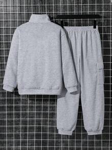 SHEIN 2pcs Tween Boy Stand Collar Sweatshirt With Cargo Pockets & Sweatpants Set, Casual Tracksuit Suitable For Autumn/Winter Leisure, Sports, School Fall - Grey - View 9