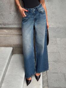 EURMUSE 女士阔腿低腰牛仔裤 - 中等水洗藍 - 查看 6