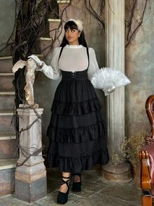 Flirla 大码女式万圣节纯色腰带设计荷叶边下摆休闲连身裤连衣裙 - 黑色 - 查看 7