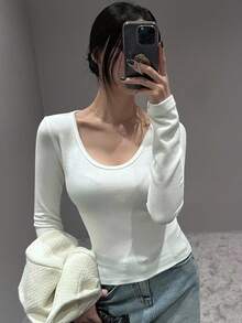 DAZY Áo ba lỗ cơ bản ôm vừa vặn, thoải mái, tay dài - trắng - Xem 4