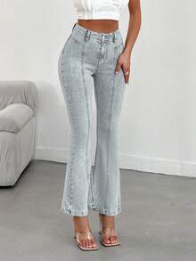 EURMUSE 98%纯棉高腰修身休闲喇叭裤 - 淺色水洗藍 - 查看 4