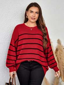 EURMUSE Plus Size Plus Size Loose Fit Colorblock Striped Pullover Sweater - Red - View 5