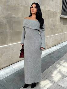 Firerie Vestido de suéter de manga larga con hombros descubiertos y unicolor para tallas grandes - Gris - Ver 2