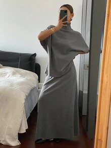 Livesso 2 件套女士宽松休闲宽松 T 恤和裙子套装，秋冬秋季 - 灰色 - 查看 4