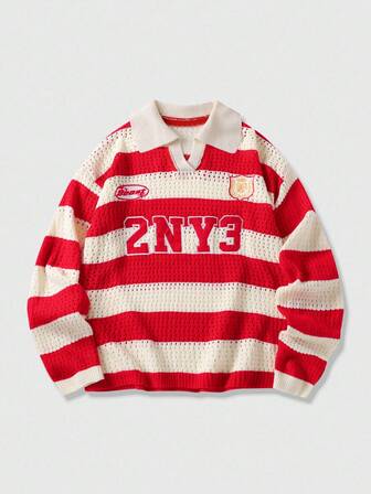 Prep Pull ample tricoté à rayures avec broderie de lettre, automne hiver