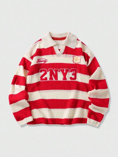 Prep Men's Striped Letter Embroidered Loose Hollow Knit Sweater, Fall Winter