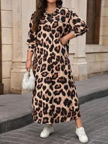 EMERY ROSE فستان قميص كاجوال فضفاض بتصميم كتف متدلي بطبعة نمر للمرأة البدينة، تصميم جيب وهمي، فستان طويل للربيع/الخريف - متعدد الألوان - مشاهدة 5