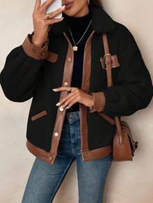 SHEIN LUNE 女士休闲PU拼接人造毛皮口袋外套，秋冬女式外套，黑色羊羔绒外套，泰迪熊外套，秋季女装，棕色外套，女士外套，休闲黑色外套，女士冬季服装，休闲 - 黑色 - 查看 3