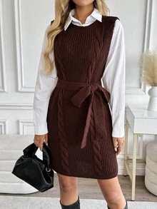 SHEIN LUNE New Minimalist Style Cable Knit Round Neck Vest, Versatile Solid Color Elegant Knit Top/Dress For Women, European And American Fashion - Coffee Brown - View 1