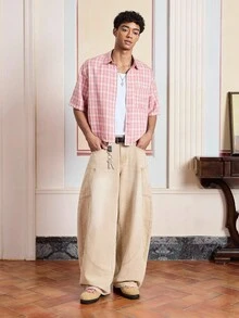 SWAVVY Men's Woven Plaid Casual Short Sleeve Shirt - Pink - View 4