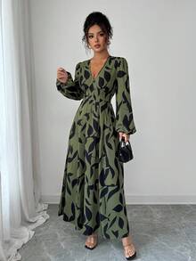 Elenzga Women's Elegant Fashion Commuter Casual Comfortable Charming Retro Long Sleeve V-Neck Waist Gathered A-Line Pleated Hem Long Printed Dress (Random Print) - Green - View 6