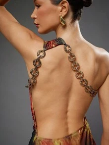 Hauture Chunky Chain One Shoulder Abstract Print Mini Dress – Sexy Going Out Holiday Party Outfit Ideas - Multicolor - View 5