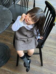 DAZY Gaun Sweater Midi Berlapis Gaya Korea Warna Polos Leher V untuk Balita Perempuan, Musim Gugur/Dingin - Grey - View 7