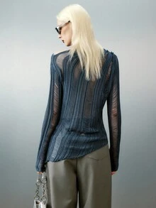 Airlisse 女士纯色不对称领长袖镂空性感毛衣，春秋季长袖上衣，针织套头衫，秋冬季 - 灰色 - 查看 2