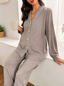 SHEIN Moonlight & Mama Women Contrast Trim Collar Long Sleeve Top & Pants Loose Maternity Pajama Set, Fall Winter Clothes