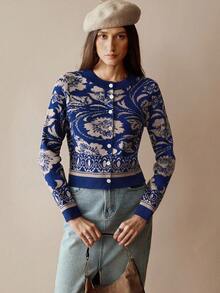 Florisole Vintage Jacquard Knit Long Sleeve Cardigan Fall Winter Cloth For Women