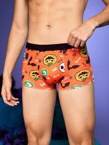 Notgurli Boxers pour hommes à motifs ludiques et mignons pour une fête de famille, avec citrouille d'Halloween, visage de fantôme, toile d'araignée, chauve-souris, chat - Orange - Voir 1