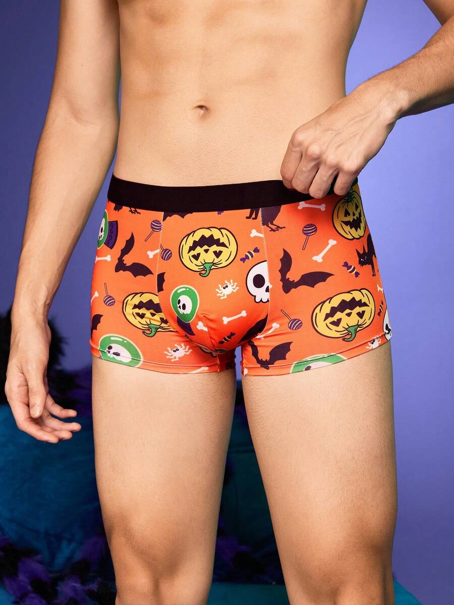 Notgurli Boxers pour hommes à motifs ludiques et mignons pour une fête de famille, avec citrouille d'Halloween, visage de fantôme, toile d'araignée, chauve-souris, chat - Orange - Voir 1