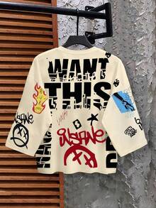 Manfinity Dauomo maglietta casual a maniche lunghe con scollo rotondo, stampa con lettera e teschio, per uomo