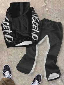 SHEIN 2 件男童图案连帽衫和运动裤套装 - “超越极限 32”大胆老鹰街头服饰 | 青少年秋冬励志服装，休闲宽松圆领长袖和裤子套装，适合秋冬季 - 彩色 - 查看 2