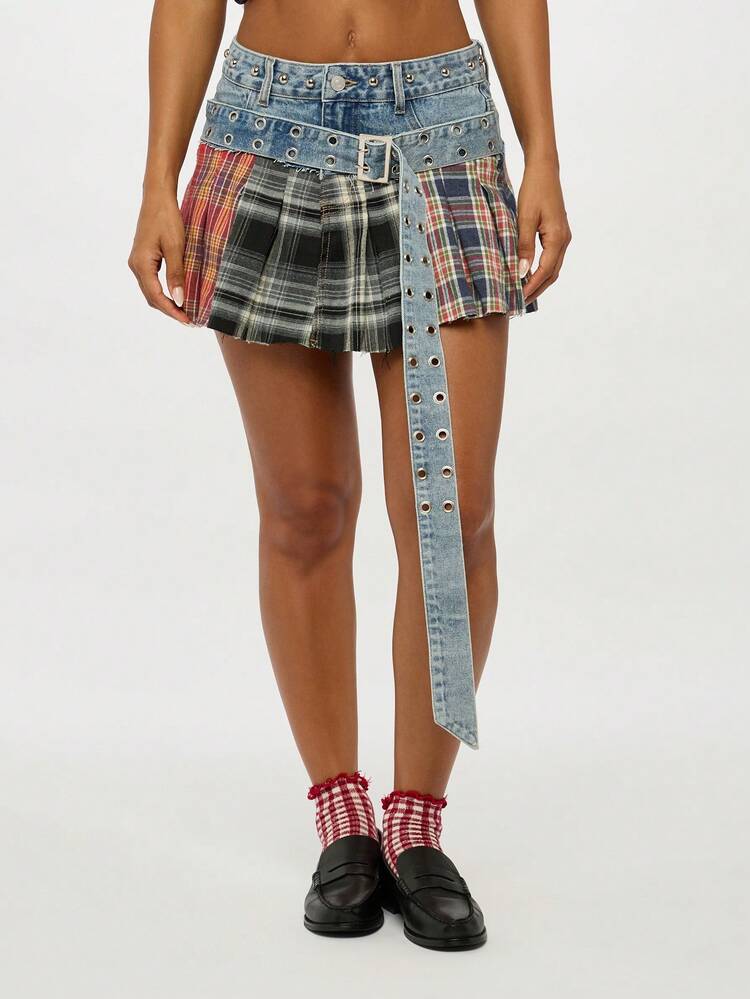 SUMWON WOMEN Denim Pleated Mini Skirt With Grommet Belt Detail