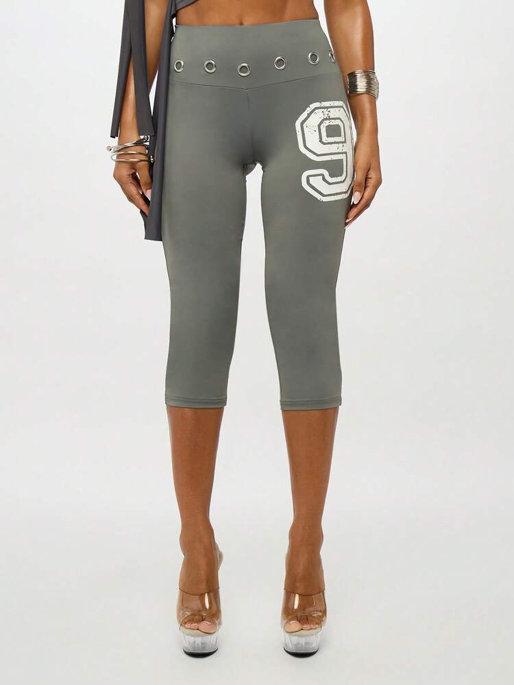 SUMWON WOMEN Grey Capri Leggings With Studded Waistband And Number Print