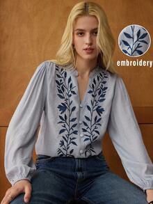 Écloséra 优雅 V 领荷叶边刺绣修身法式复古风格女式长袖衬衫，夏季