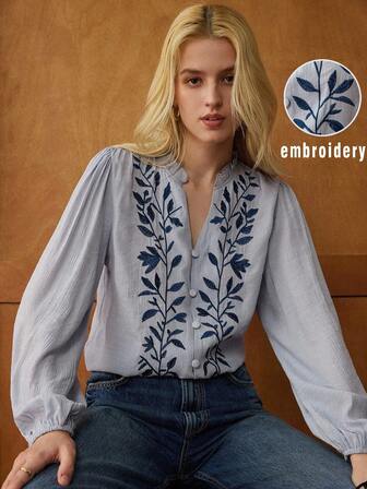 Écloséra Blusa elegante de manga larga con cuello en V, volantes y bordados, de corte ajustado y estilo vintage francés para mujer, para el verano