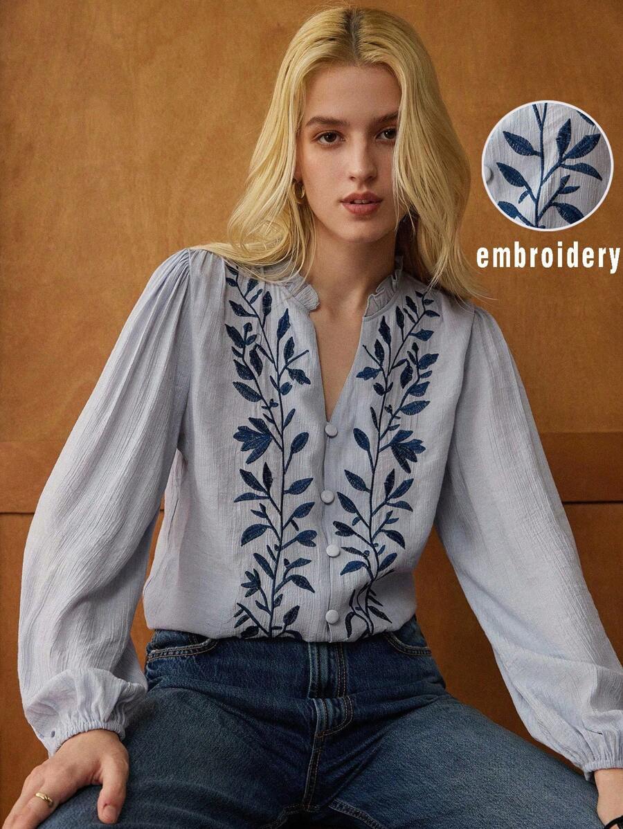 Écloséra 优雅 V 领荷叶边刺绣修身法式复古风格女式长袖衬衫，夏季