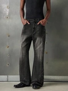NEON BLANC Men's Rhinestone Embellished Flared Jeans, Fashionable Casual With Button Pockets - Black - View 2