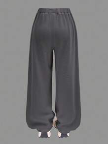 SHEIN Girlism 青少年女孩休闲心形印花针织纯色宽松落肩长袖运动衫和阔腿运动裤套装 - 灰色 - 查看 7