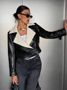 Siren Gaze 新款秋季女式休闲拼接仿毛领外套，休闲保暖 - 黑色 - 查看 1