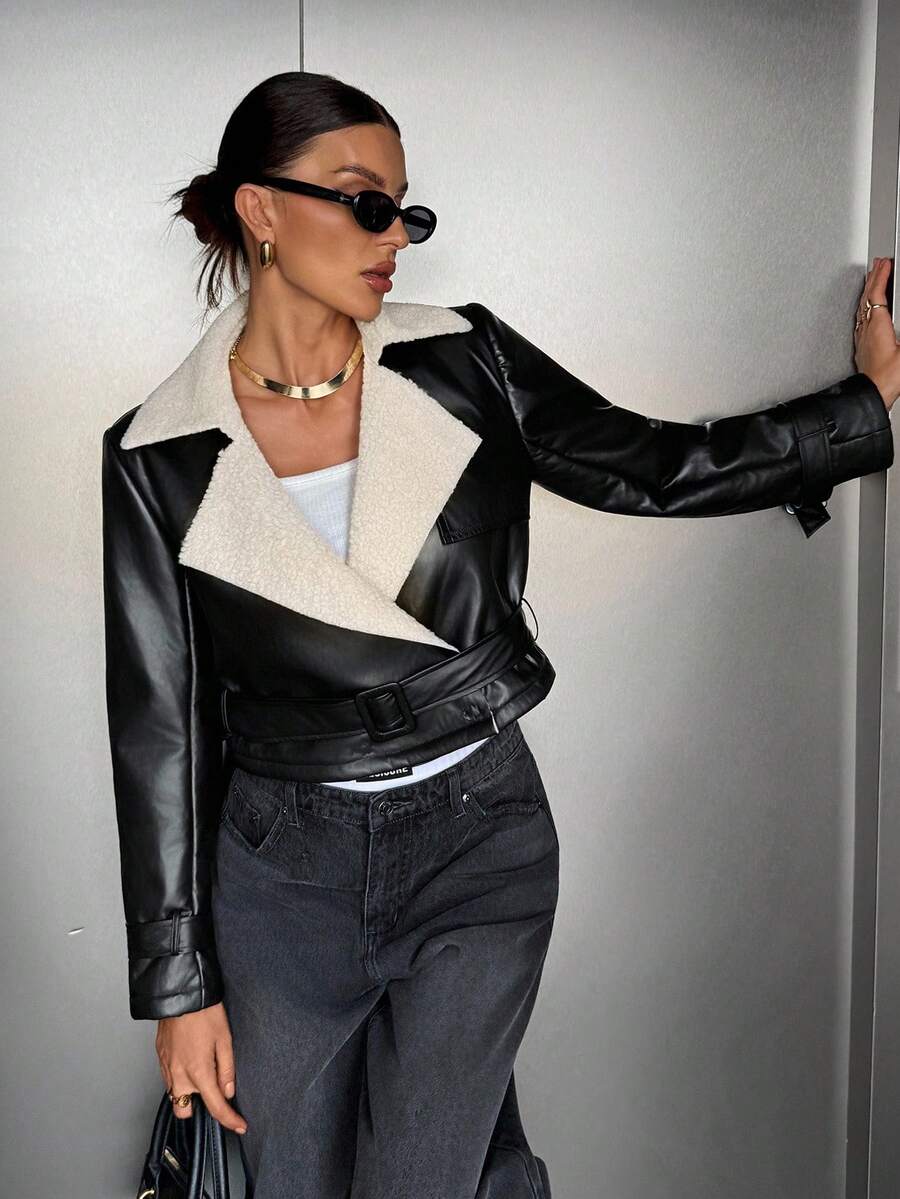 Siren Gaze 新款秋季女式休闲拼接仿毛领外套，休闲保暖 - 黑色 - 查看 1