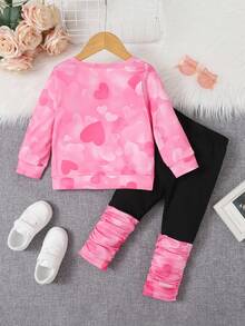 SHEIN 女嬰卡通愛心印花T恤與內搭褲套裝，適合婚禮、派對、舞會、生日、萬聖節、畢業季，秋季粉黑配色可愛爸爸的小女孩 - 彩色 - 查看 2