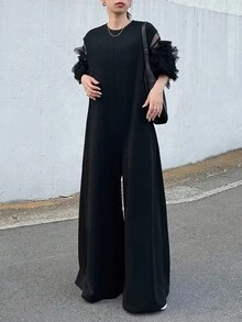 FRIFUL 女士宽松圆领网纱拼接阔腿连体裤，休闲纯色连体裤家居套装 - 黑色 - 查看 6