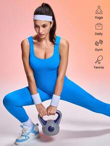 Easithlete Women's Solid Color Minimalist Sleeveless Jumpsuit, Casual & Sports - Blue - View 5