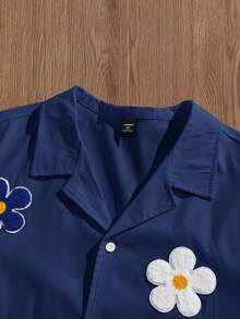 EASEVO Plus Size Men's Casual Loose White Floral Print Woven Shirt - Navy Blue - View 3