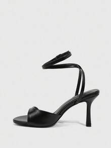 CUCCOO SZL Women's Black PU Ankle Strap Fashionable Sexy French Elegant Romantic Date Party Afternoon Tea Round Toe Stiletto High Heel Sandals - Black - View 5