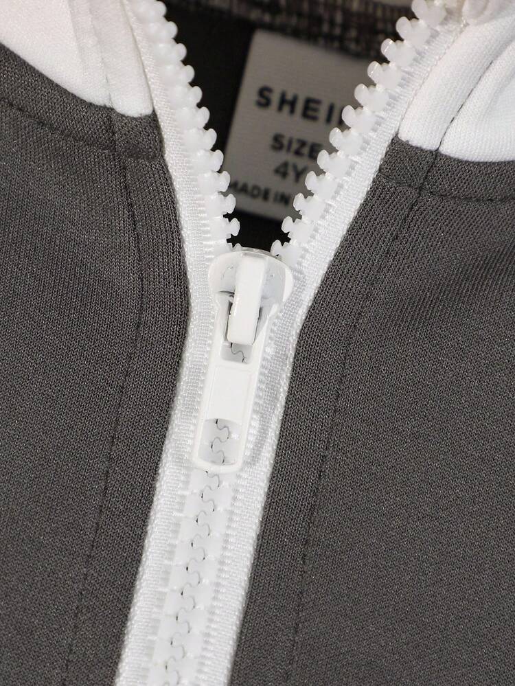 SHEIN 女童撞色休闲运动外套套装，适合户外活动和上学穿着 - 灰色 - 查看 4