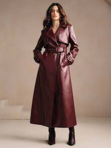 Anewsta Women's Fashionable Solid Color PU Leather Wide Lapel Loose Belted Long Leather Jacket, Suitable For Christmas And New Year Outings - Burgundy - View 4