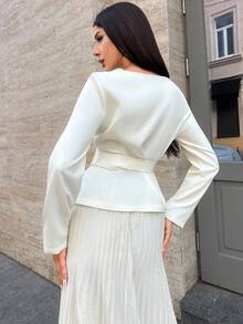 Firerie Elegant Women's Off-White 2 Pieces Set,Autumn Office Long Sleeve Top With Belt & Pleated Umbrella Chiffon Skirt,Business Casual Teacher Outfits Suit - Apricot - View 9