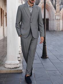 Manfinity Bizformal 2 件套休闲条纹长袖上衣和裤子套装，时尚都市装 - 灰色 - 查看 3