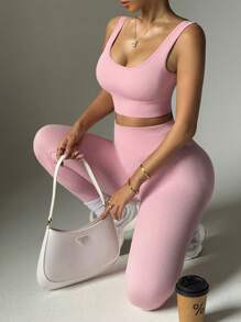 Easithlete Bộ đồ thể thao tập luyện cho nữ gồm 2 áo ba lỗ liền mạch và quần legging Bộ đồ thể thao tập luyện cho nữ Bộ đồ legging cho nữ - Hồng - Xem 2