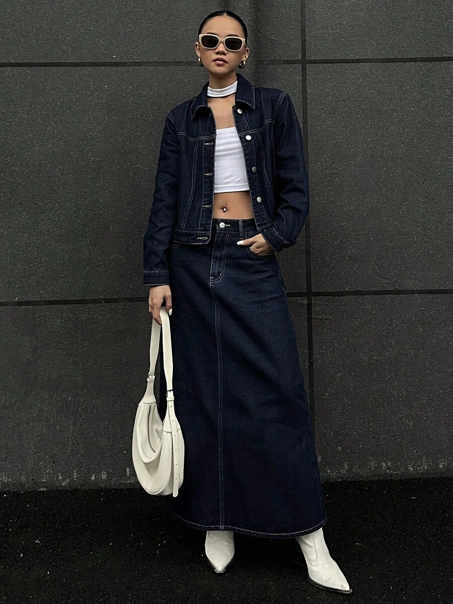 DAZY Women's Casual Washed Denim Jacket And Mini Skirt Set, Autumn