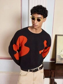 SWAVVY 标准尺寸男士提花针织长袖圆领毛衣，秋冬 - 黑色 - 查看 4